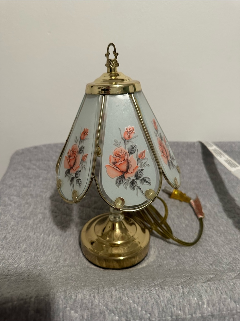 Brass Table Lamp with Pink Rose Glass Shade